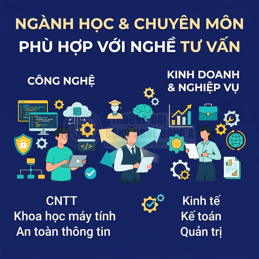 Ngành học phù hợp với nghề tư vấn gồm CNTT, khoa học máy tính, an toàn thông tin, kinh tế, kế toán và quản trị