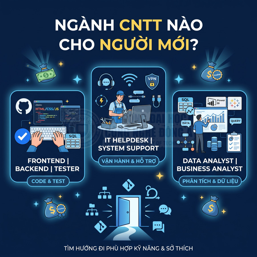 Infographic giới thiệu các hướng nghề IT cho người mới như lập trình, IT helpdesk, data analyst và business analyst