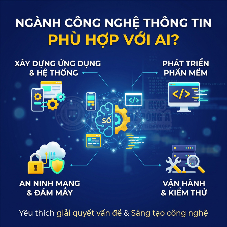 Minh họa các lĩnh vực công nghệ thông tin phù hợp với AI như phát triển phần mềm, an ninh mạng, điện toán đám mây và kiểm thử
