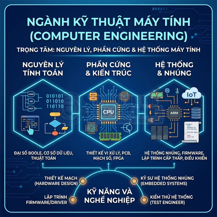 Infographic giới thiệu ngành Kỹ thuật máy tính, trọng tâm nguyên lý tính toán, phần cứng, hệ thống nhúng và kỹ năng nghề nghiệp
