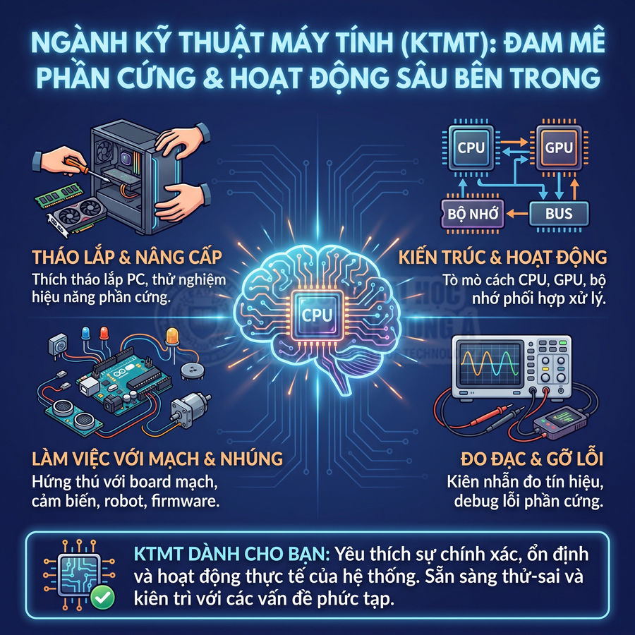 Infographic giới thiệu ngành kỹ thuật máy tính, mô tả lắp ráp PC, mạch điện tử, CPU, GPU và đo đạc gỡ lỗi phần cứng