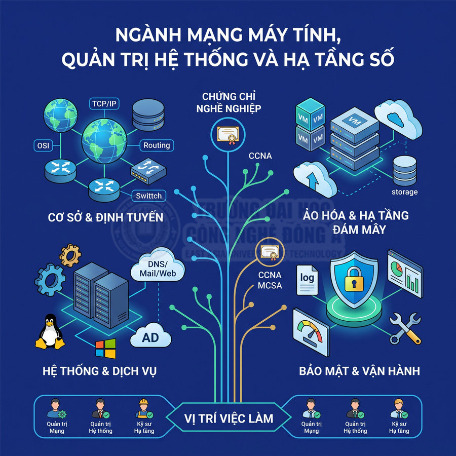 Ngành mạng máy tính, quản trị hệ thống và hạ tầng số với các mảng ảo hóa, bảo mật, chứng chỉ và cơ hội việc làm