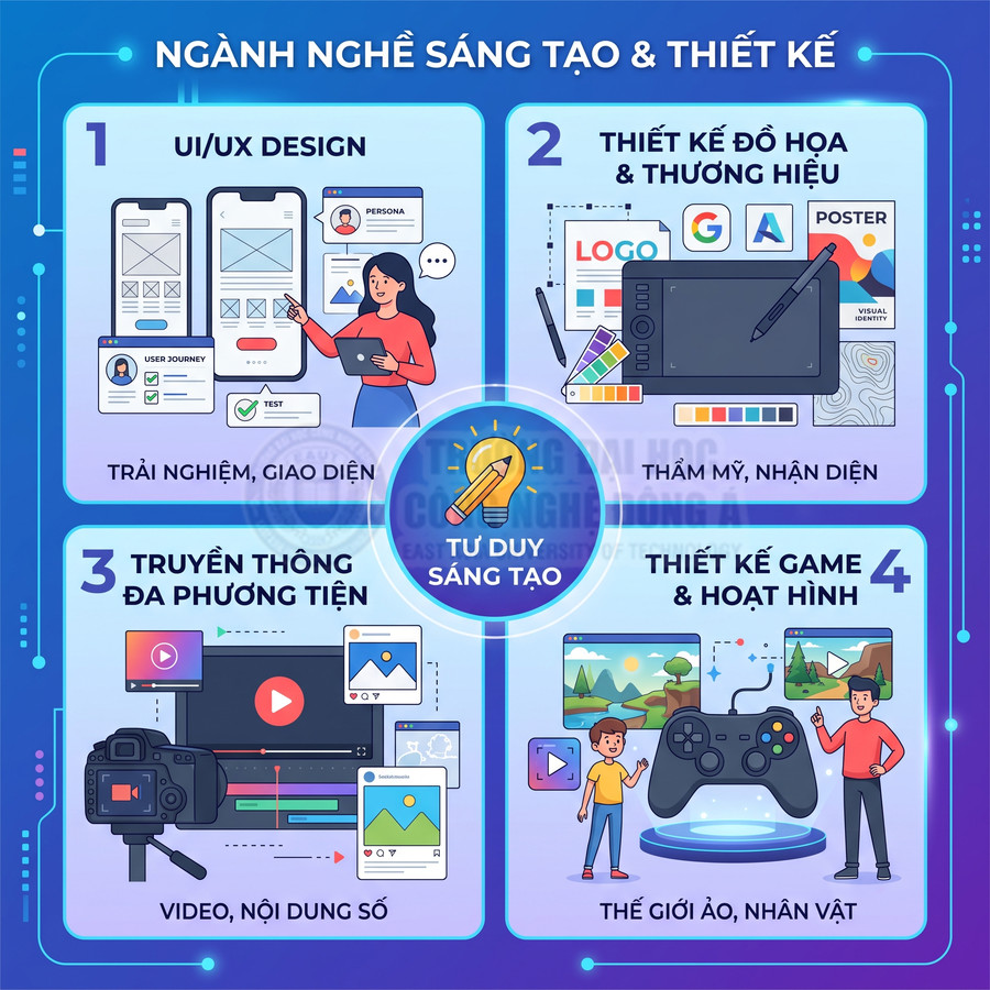 Minh họa các lĩnh vực ngành nghề sáng tạo và thiết kế gồm UI UX, đồ họa thương hiệu, truyền thông số, thiết kế game