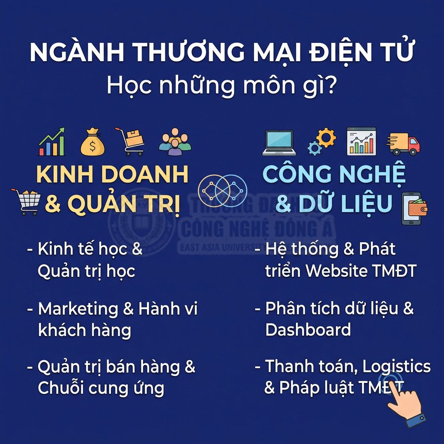 Ngành Thương mại điện tử gồm các môn kinh doanh, quản trị, marketing, phát triển website, phân tích dữ liệu, thanh toán và logistics