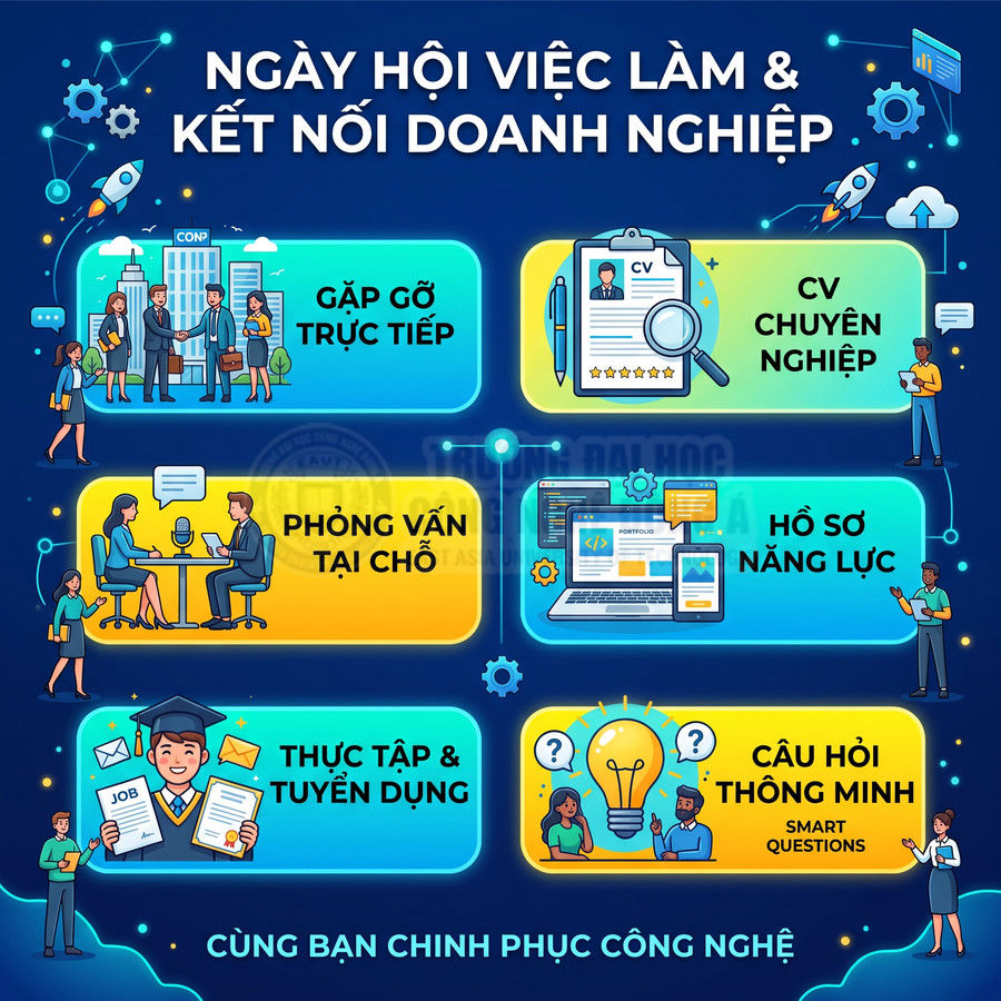 Poster ngày hội việc làm và kết nối doanh nghiệp với gặp gỡ trực tiếp, phỏng vấn, thực tập và tư vấn hồ sơ năng lực