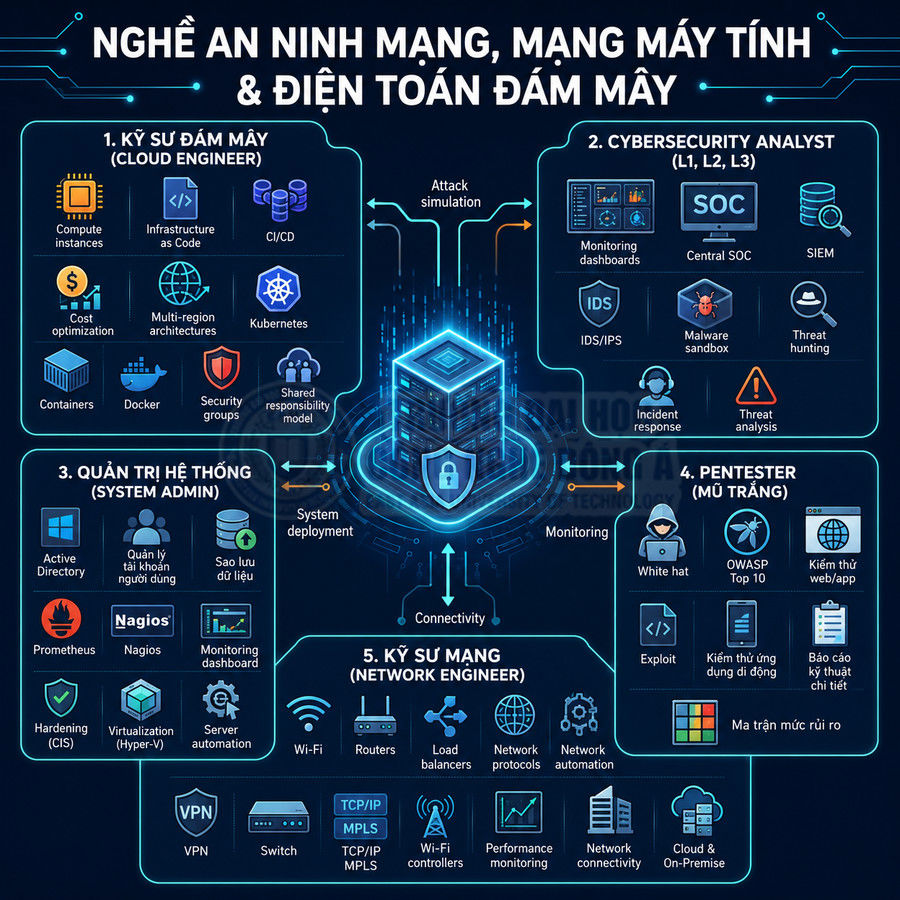 Sơ đồ các vị trí nghề nghiệp an ninh mạng, mạng máy tính và điện toán đám mây với kỹ năng chính minh họa trực quan