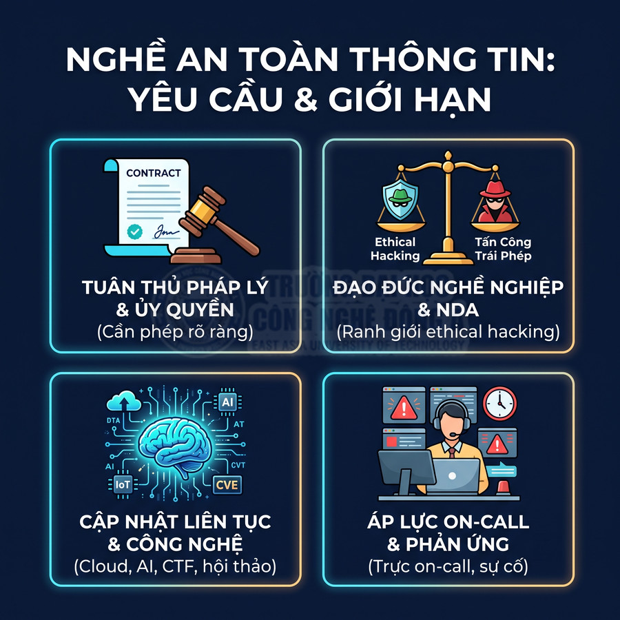 Infographic nghề an toàn thông tin với yêu cầu pháp lý, đạo đức, cập nhật công nghệ và áp lực trực on call