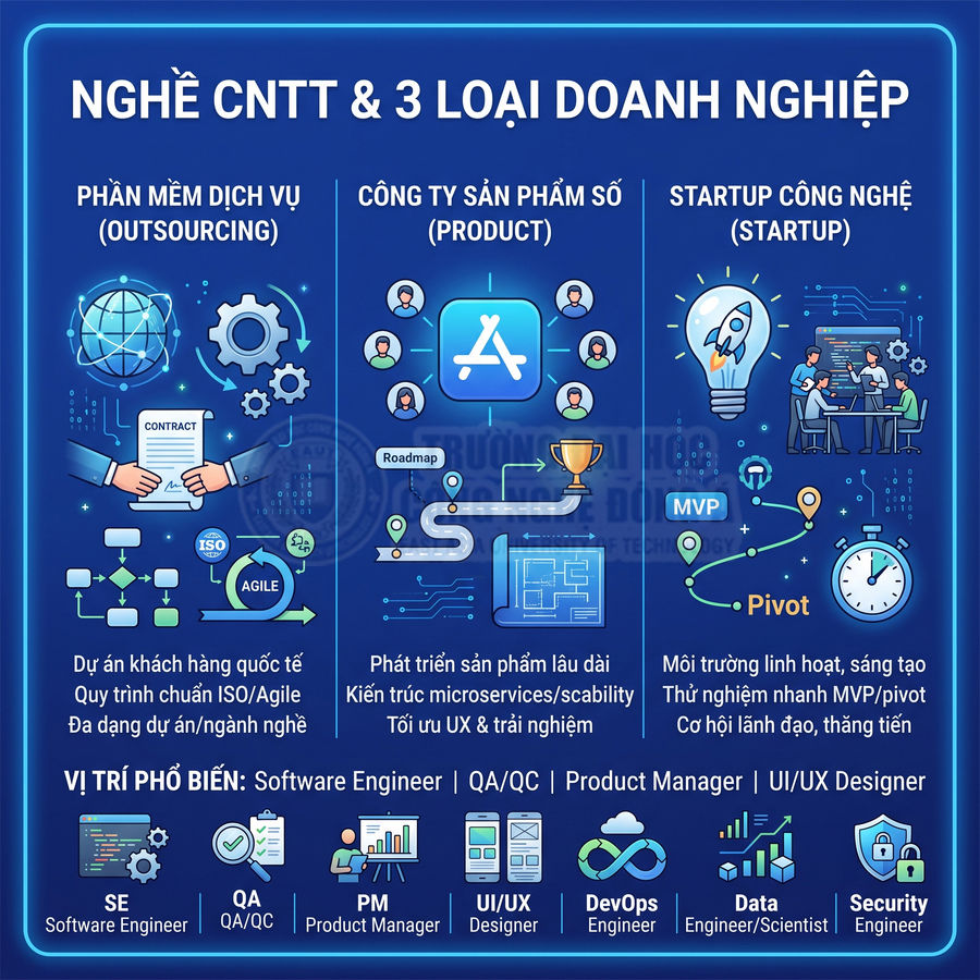 Infographic nghề CNTT giới thiệu 3 loại doanh nghiệp: outsourcing, công ty sản phẩm số và startup công nghệ
