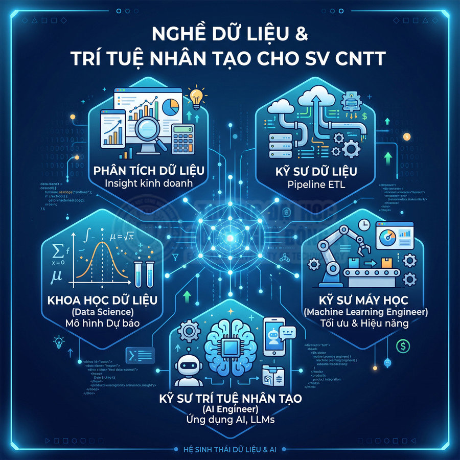 Các nghề dữ liệu và trí tuệ nhân tạo cho sinh viên CNTT như phân tích dữ liệu, khoa học dữ liệu, kỹ sư AI