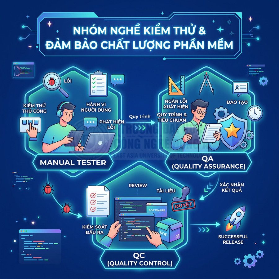 Minh họa quy trình nghề kiểm thử phần mềm với vai trò Manual Tester, QA và QC trong đảm bảo chất lượng sản phẩm