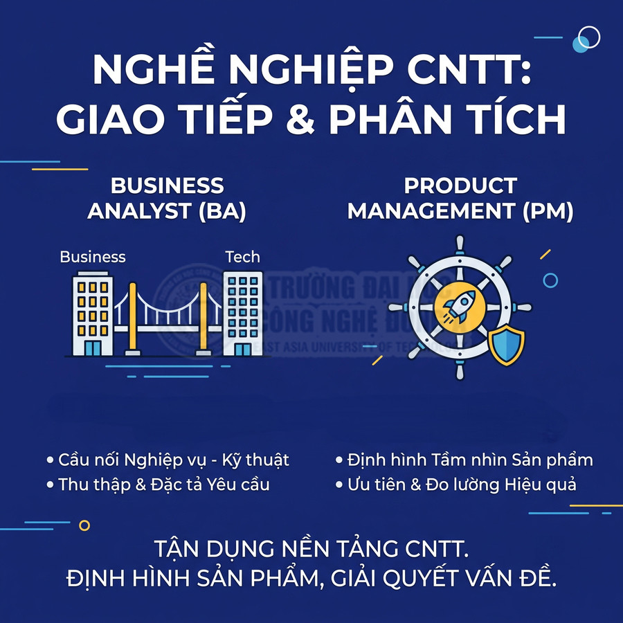 Poster giới thiệu nghề nghiệp CNTT Business Analyst và Product Management với mô tả kỹ năng giao tiếp phân tích