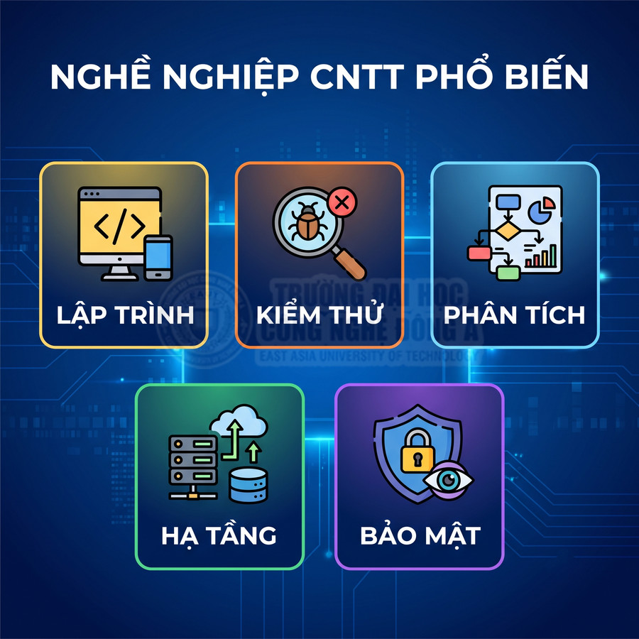 Các nghề nghiệp CNTT phổ biến gồm lập trình, kiểm thử, phân tích, hạ tầng và bảo mật trên nền công nghệ số