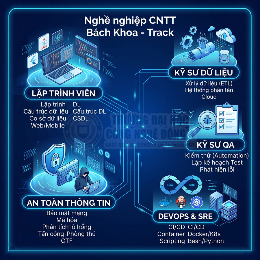 Các hướng nghề nghiệp CNTT Bách Khoa gồm lập trình viên, kỹ sư dữ liệu, QA, an toàn thông tin, DevOps SRE