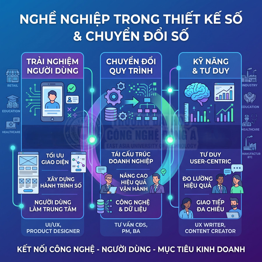 Infographic nghề nghiệp trong thiết kế số và chuyển đổi số, nhấn mạnh UX, UI, dữ liệu và kỹ năng tư duy