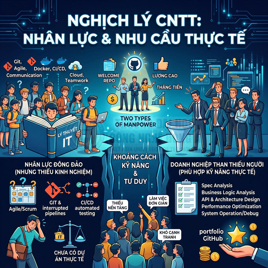 Minh họa nghịch lý nhân lực CNTT, khoảng cách kỹ năng giữa sinh viên mới ra trường và nhu cầu tuyển dụng doanh nghiệp