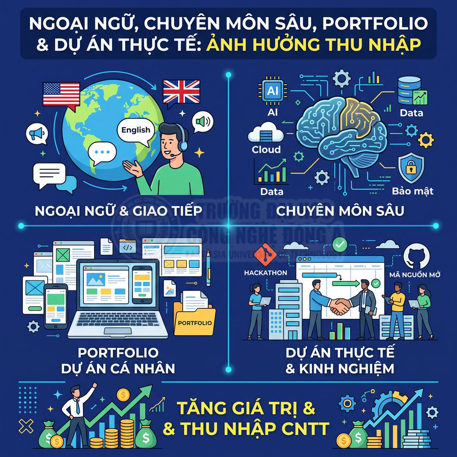 Infographic kỹ năng ngoại ngữ, chuyên môn sâu, portfolio và dự án thực tế giúp tăng giá trị và thu nhập ngành CNTT