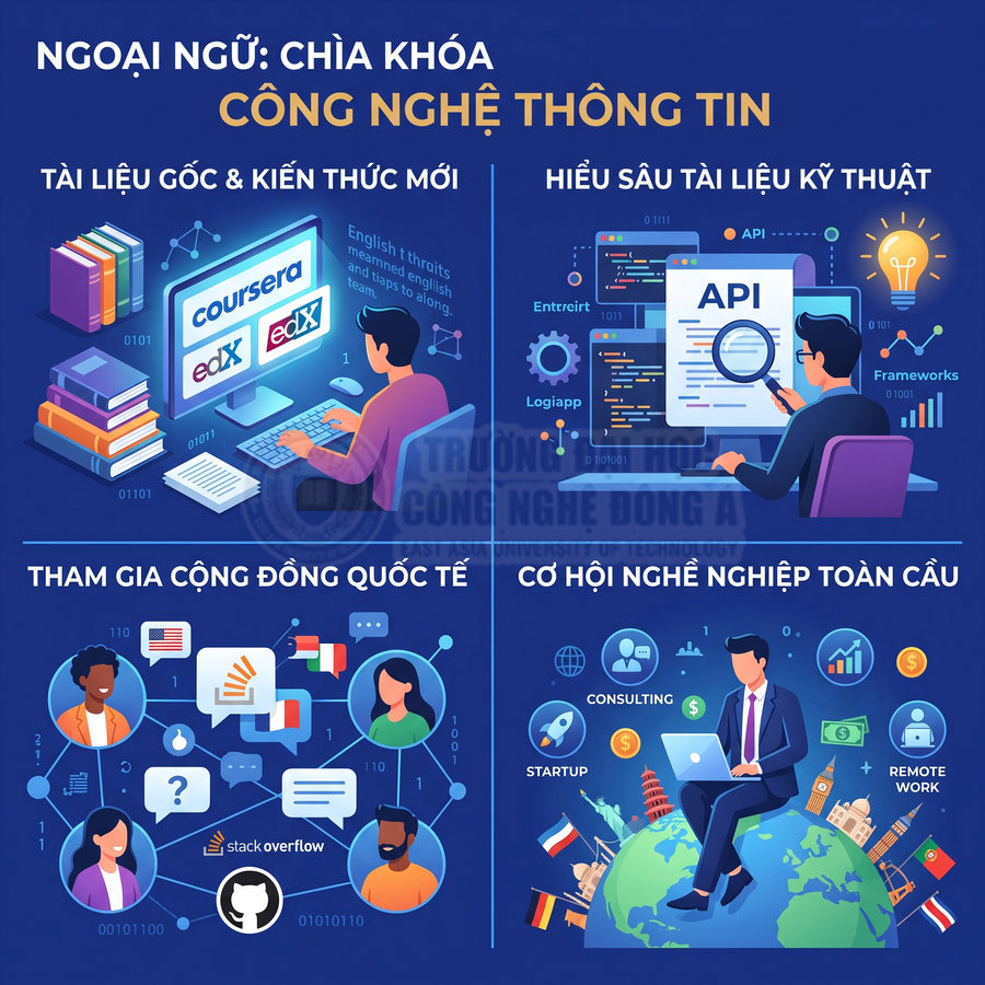 Infographic lợi ích học ngoại ngữ trong công nghệ thông tin với Coursera, edX, Stack Overflow và cơ hội nghề nghiệp toàn cầu