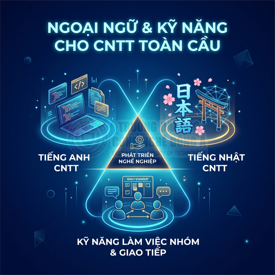 Poster khóa học ngoại ngữ và kỹ năng CNTT toàn cầu với tiếng Anh, tiếng Nhật, làm việc nhóm và phát triển nghề nghiệp