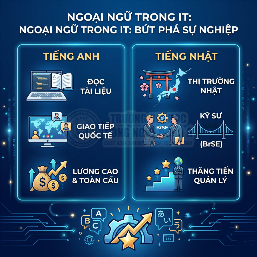 Infographic lợi ích học tiếng Anh và tiếng Nhật trong ngành IT như đọc tài liệu, giao tiếp quốc tế, lương cao, thăng tiến quản lý