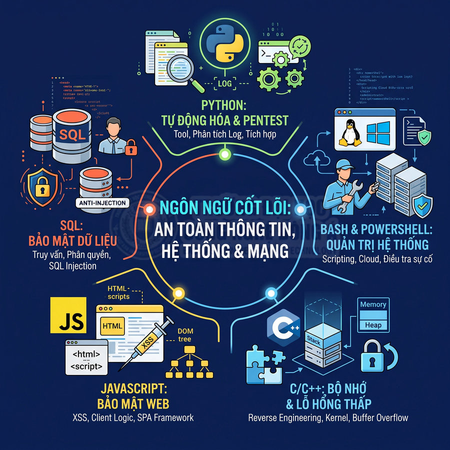 Infographic các ngôn ngữ lập trình cốt lõi cho an toàn thông tin, hệ thống và mạng như Python, SQL, JavaScript, C, C++