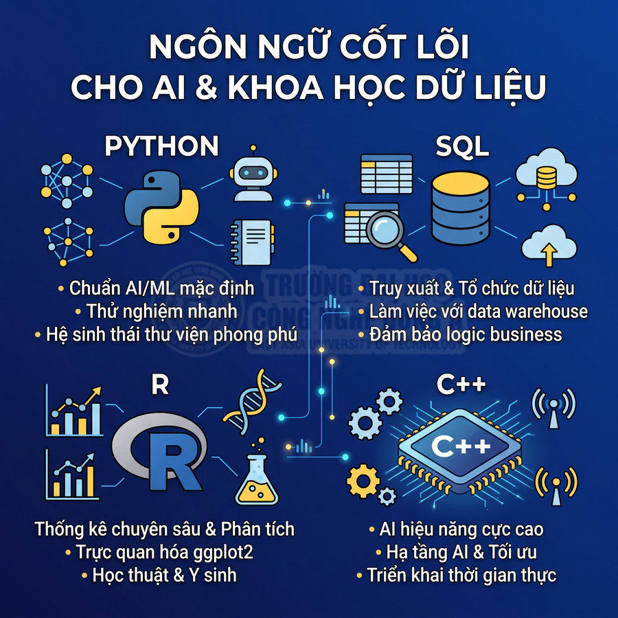 Ngôn ngữ lập trình Python, R, SQL, C++ cốt lõi cho AI và khoa học dữ liệu với các ưu điểm nổi bật