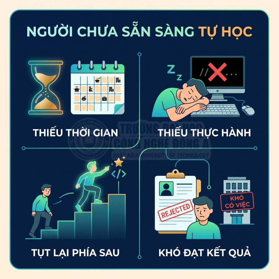 Infographic người chưa sẵn sàng tự học với các vấn đề thiếu thời gian, thiếu thực hành, tụt lại phía sau, khó đạt kết quả