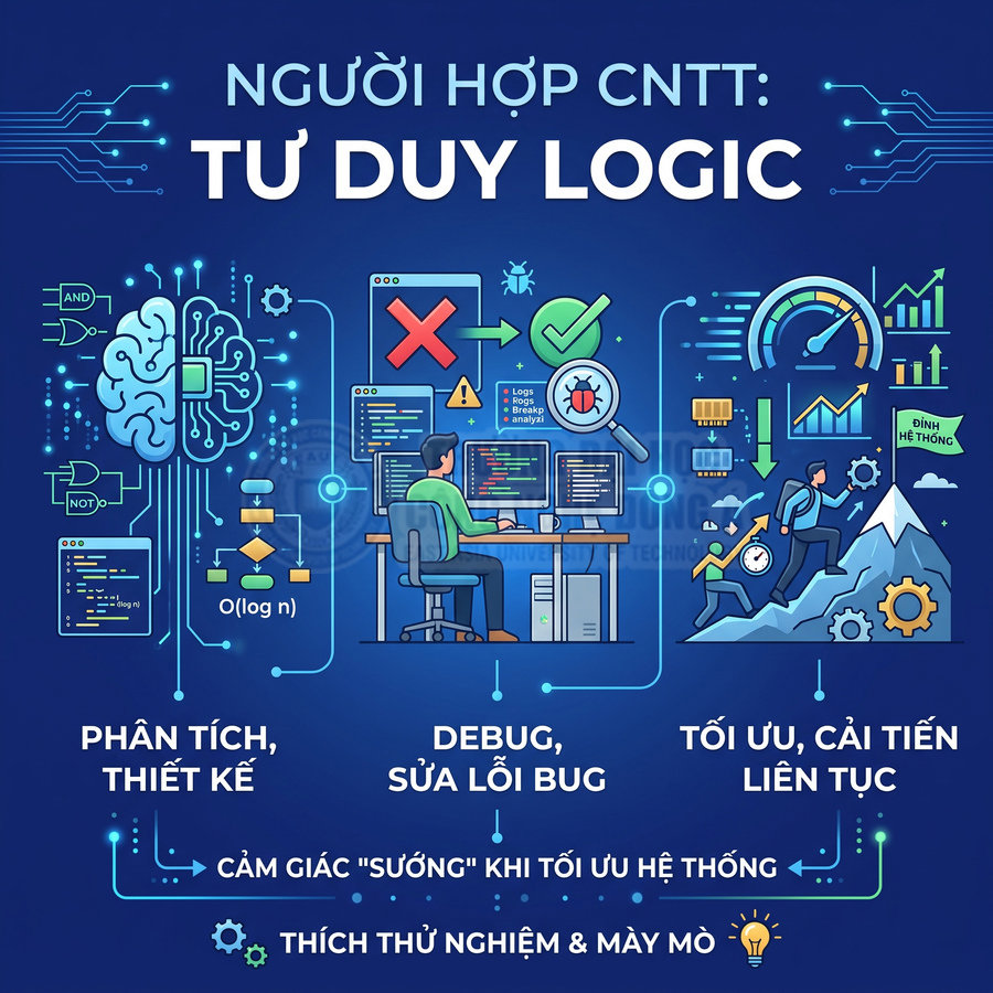 Minh họa tư duy logic trong ngành CNTT với lập trình viên phân tích, debug và tối ưu hệ thống liên tục