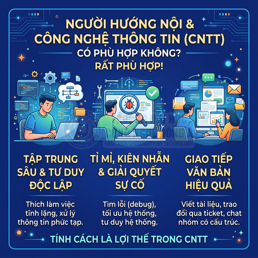 Infographic về người hướng nội phù hợp ngành công nghệ thông tin với các kỹ năng tập trung, tỉ mỉ và giao tiếp văn bản
