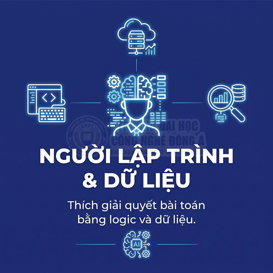 Người lập trình và dữ liệu với biểu tượng lập trình, điện toán đám mây, phân tích dữ liệu trên nền xanh