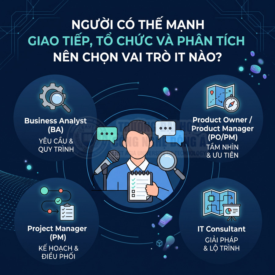Infographic gợi ý các vai trò IT cho người mạnh giao tiếp tổ chức phân tích như BA PM PO IT Consultant