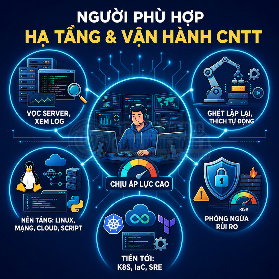 Minh họa kỹ sư vận hành hạ tầng CNTT làm việc với server, bảo mật, tự động hóa và công nghệ cloud