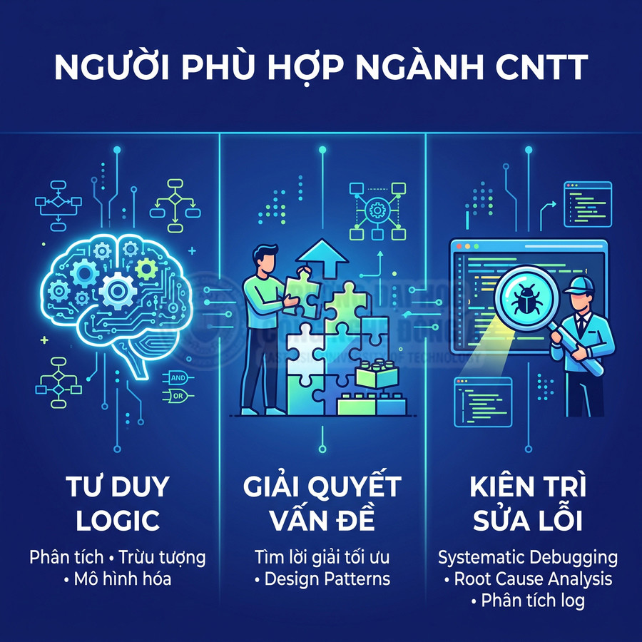 Infographic kỹ năng cần có cho người phù hợp ngành công nghệ thông tin: tư duy logic, giải quyết vấn đề, kiên trì sửa lỗi