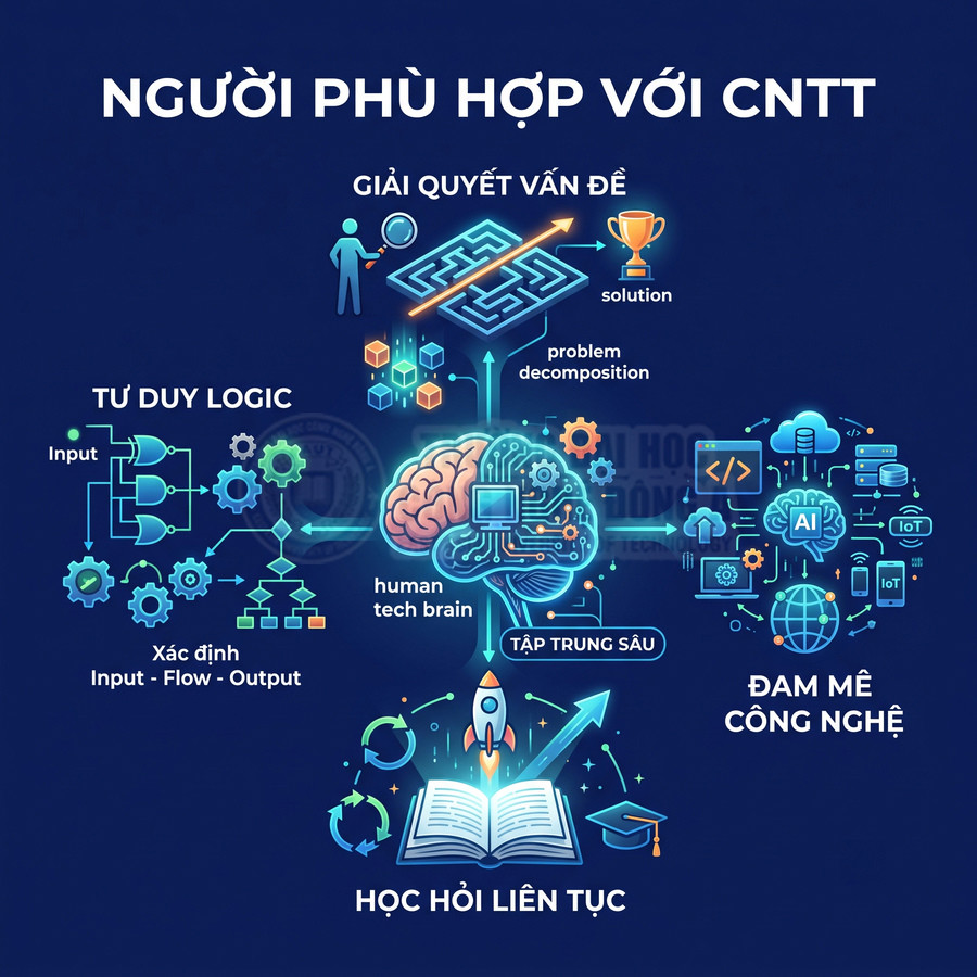 Minh họa các tố chất phù hợp ngành công nghệ thông tin như tư duy logic, giải quyết vấn đề, đam mê công nghệ, học hỏi liên tục