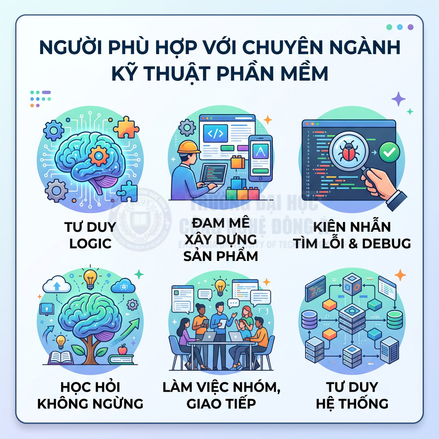 Infographic các tố chất phù hợp ngành kỹ thuật phần mềm như tư duy logic, đam mê sản phẩm, kiên nhẫn debug, học hỏi, làm việc nhóm