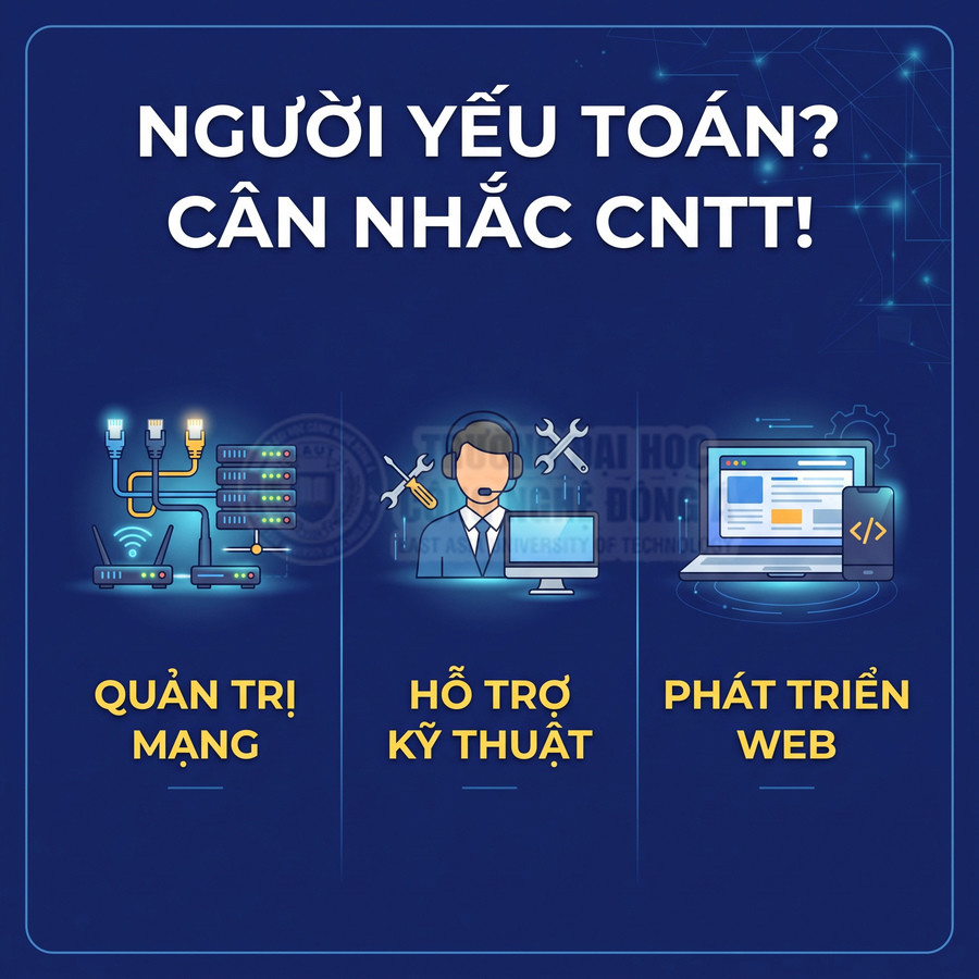 Banner giới thiệu ngành CNTT với các hướng quản trị mạng, hỗ trợ kỹ thuật và phát triển web trên nền xanh