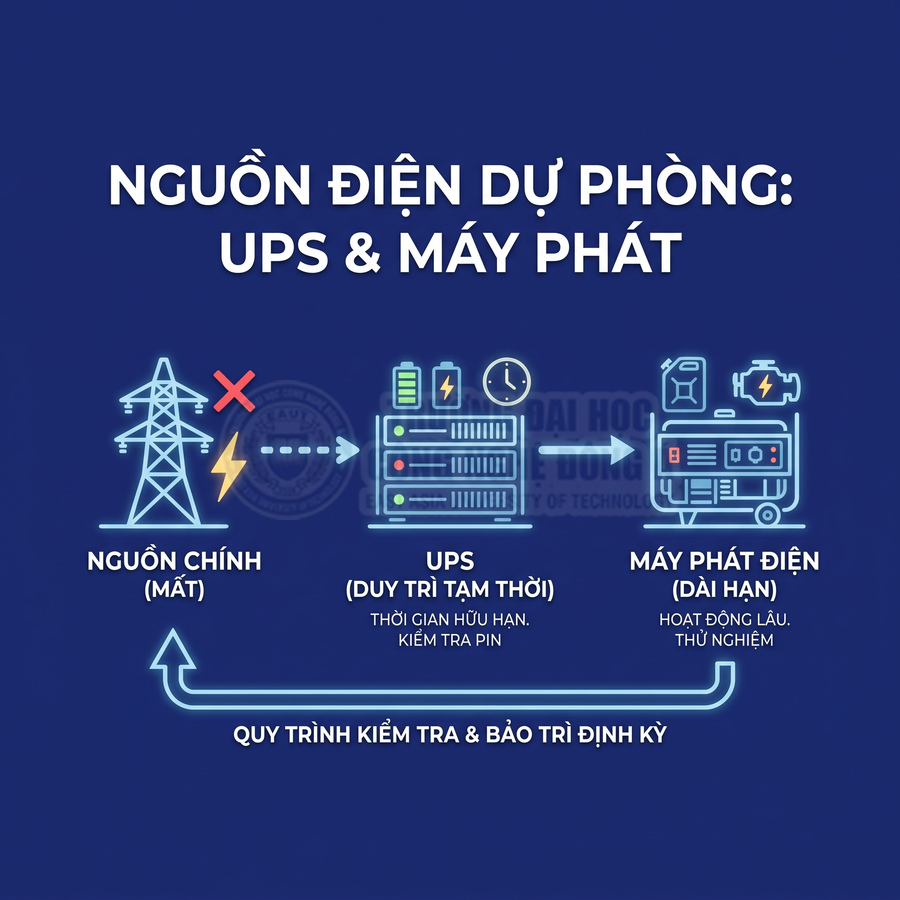 Bộ lưu điện UPS duy trì nguồn tạm thời khi mất điện trước khi máy phát điện hoạt động dài hạn