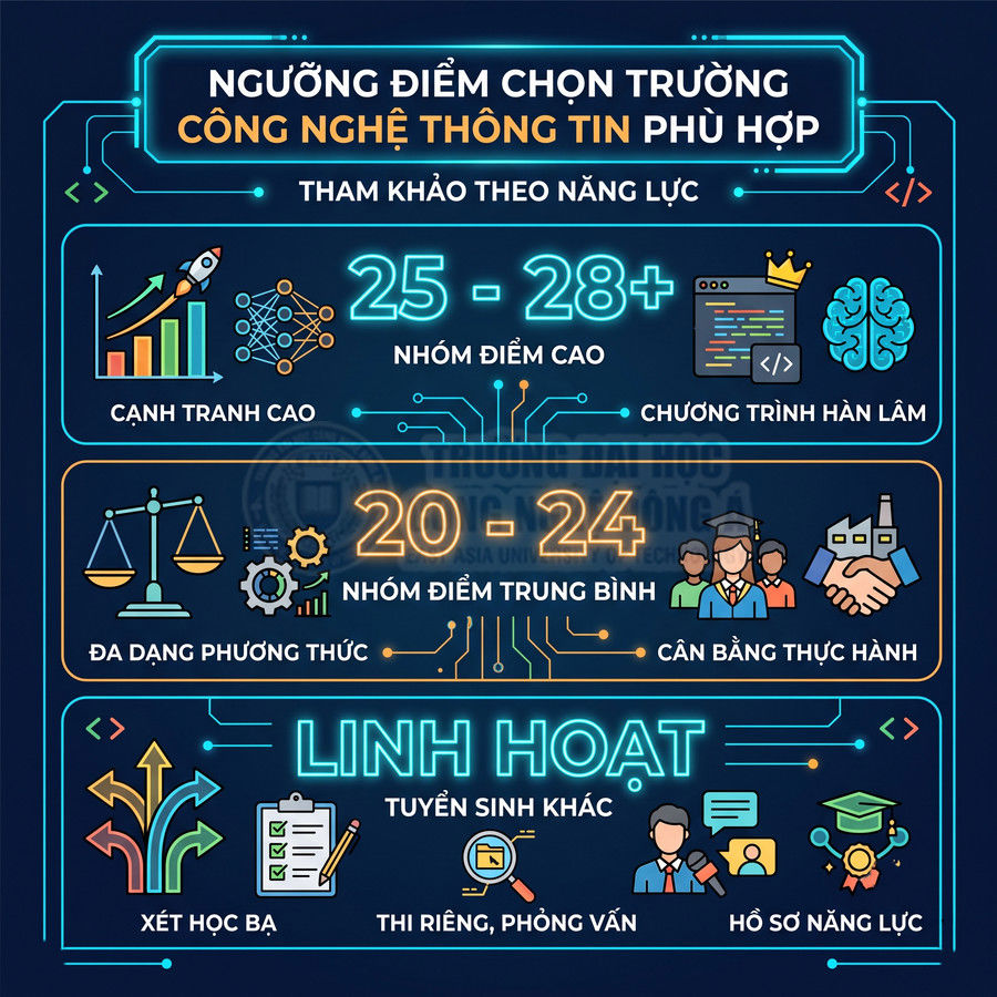 Infographic ngưỡng điểm chọn trường công nghệ thông tin, chia nhóm điểm cao 25-28+, trung bình 20-24 và các phương thức tuyển sinh linh hoạt