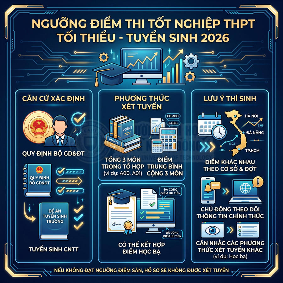Infographic ngưỡng điểm thi tốt nghiệp THPT tối thiểu tuyển sinh 2026, phương thức xét tuyển và lưu ý cho thí sinh