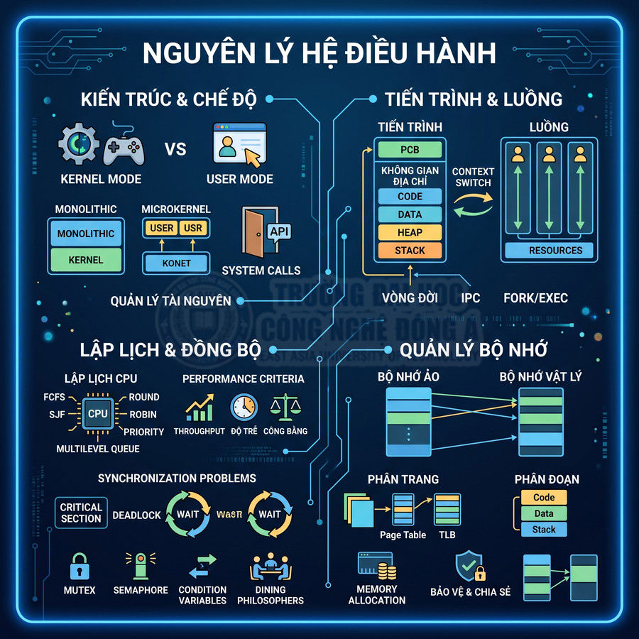 Sơ đồ tóm tắt nguyên lý hệ điều hành với kiến trúc kernel, tiến trình, luồng, lập lịch và quản lý bộ nhớ