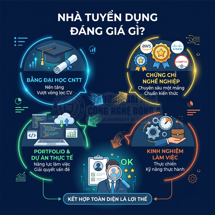 Infographic tiêu chí nhà tuyển dụng đánh giá: bằng đại học CNTT, chứng chỉ nghề, portfolio dự án và kinh nghiệm làm việc