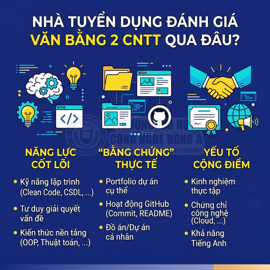 Infographic tiêu chí nhà tuyển dụng đánh giá văn bằng 2 CNTT gồm năng lực cốt lõi, bằng chứng thực tế và yếu tố cộng điểm