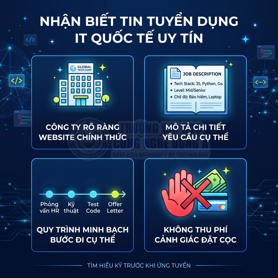 Hướng dẫn nhận biết tin tuyển dụng IT quốc tế uy tín với tiêu chí công ty rõ ràng, mô tả chi tiết, quy trình minh bạch, không thu phí