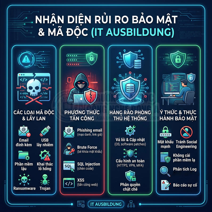 Infographic nhận diện rủi ro bảo mật và mã độc, các phương thức tấn công và giải pháp bảo vệ hệ thống IT