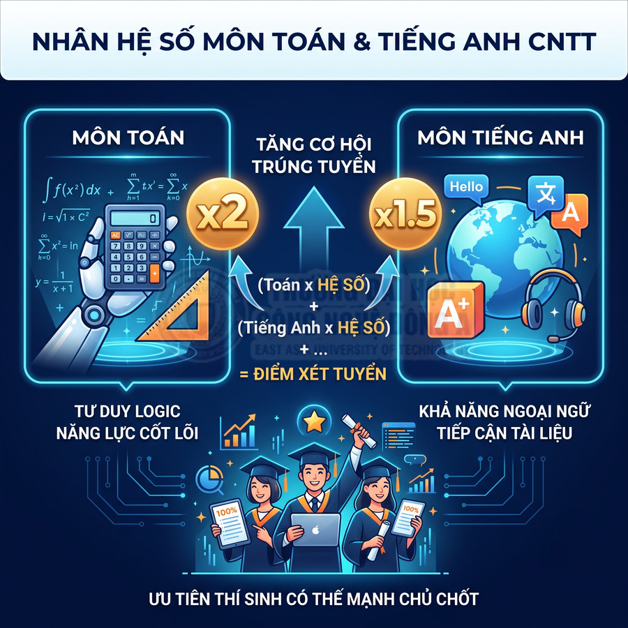 Infographic tuyển sinh CNTT nhấn mạnh nhân hệ số môn Toán và Tiếng Anh, ưu tiên thí sinh có tư duy logic và khả năng ngoại ngữ