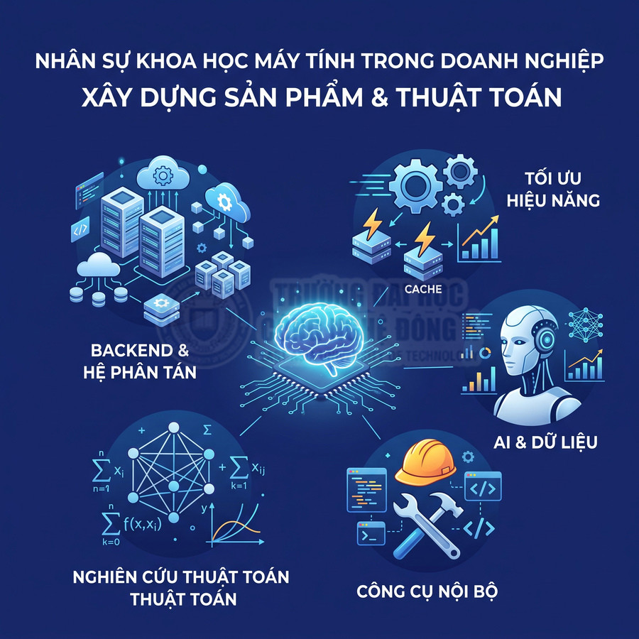 Mô tả vai trò nhân sự khoa học máy tính trong doanh nghiệp với backend, AI, tối ưu hiệu năng và nghiên cứu thuật toán