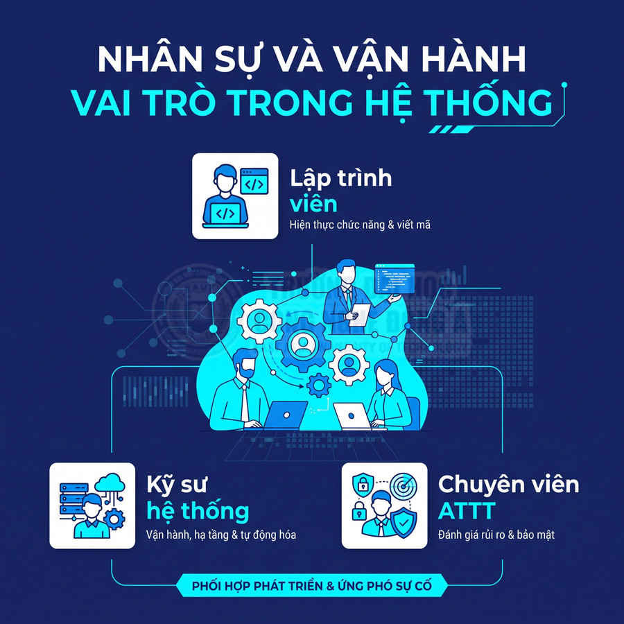 Nhân sự vận hành hệ thống gồm lập trình viên, kỹ sư hệ thống và chuyên viên an toàn thông tin phối hợp phát triển, ứng phó sự cố