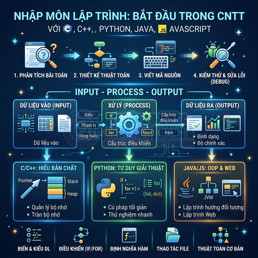Sơ đồ nhập môn lập trình với C C++ Python Java Javascript minh họa quy trình input process output và các khái niệm cơ bản