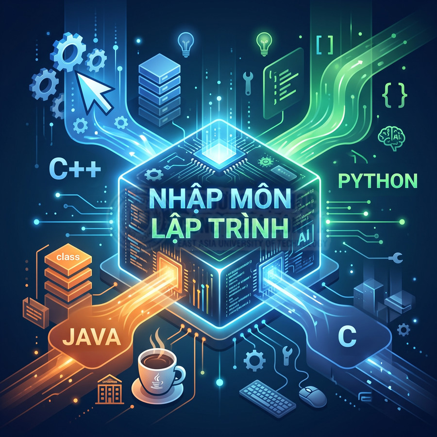 Hình minh họa khóa học nhập môn lập trình với các ngôn ngữ Java, C, C++, Python và biểu tượng công nghệ AI