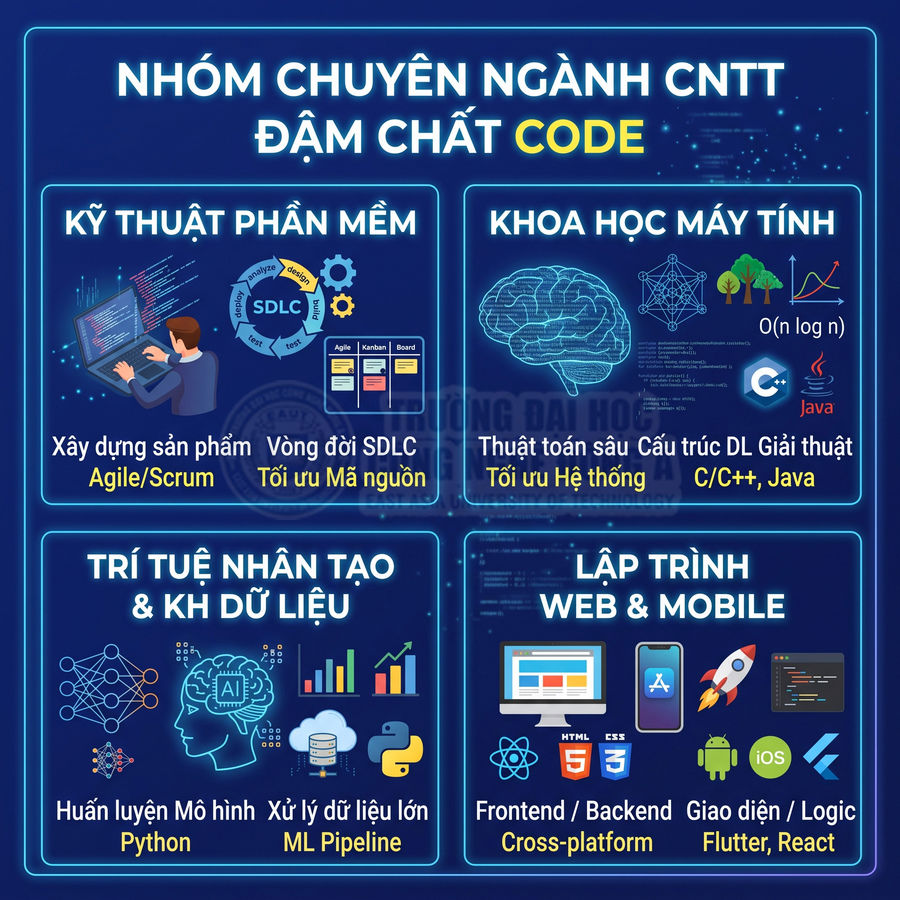 Infographic giới thiệu các chuyên ngành CNTT: kỹ thuật phần mềm, khoa học máy tính, AI dữ liệu, lập trình web và mobile