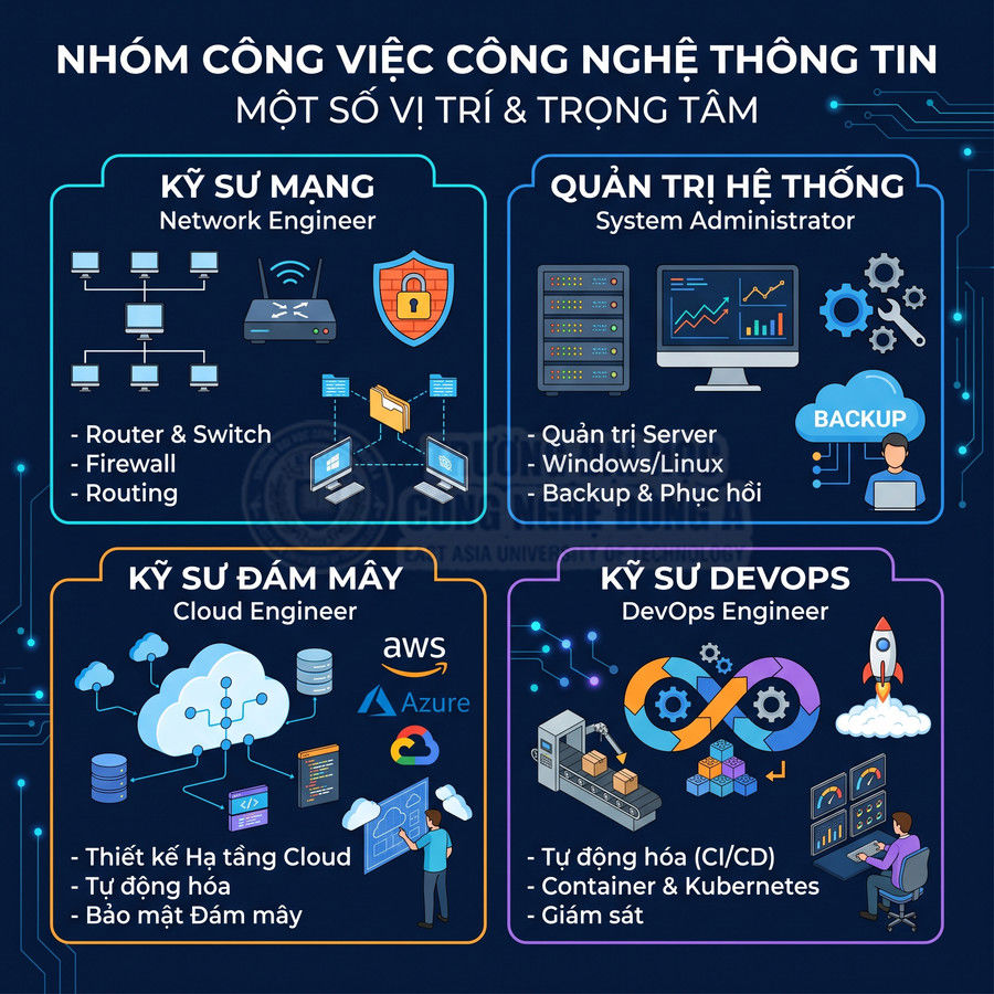 Nhóm nghề công nghệ thông tin với các vị trí kỹ sư mạng, quản trị hệ thống, kỹ sư đám mây và kỹ sư DevOps
